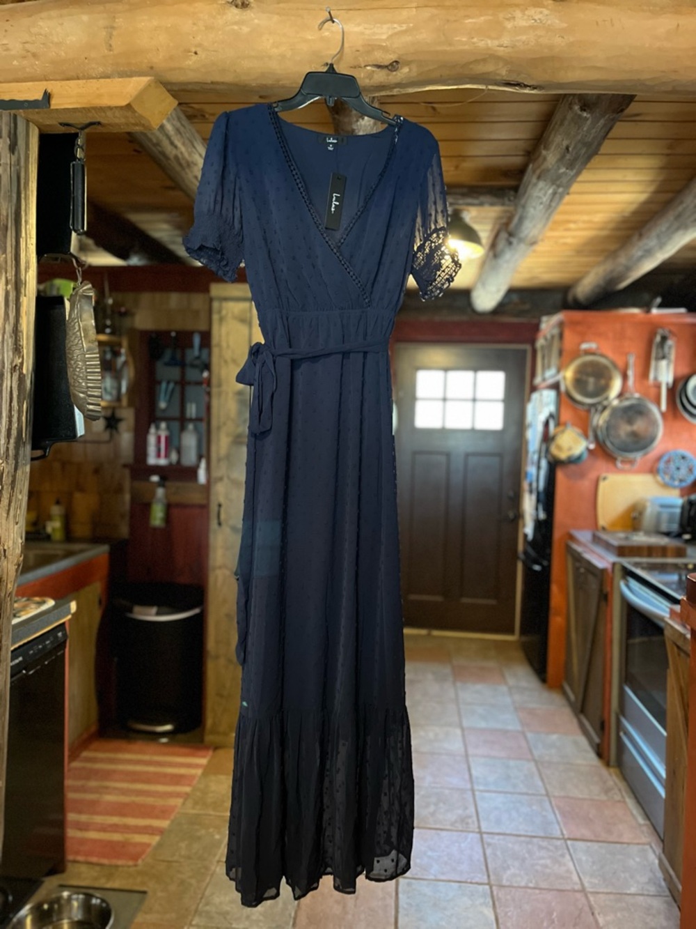 Lulu's Navy Blue Wrap Maxi Dress with Lace Trim